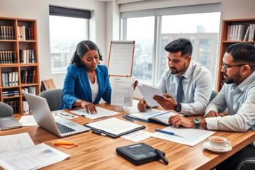 A person reviewing a contract with highlighted terms and conditions.